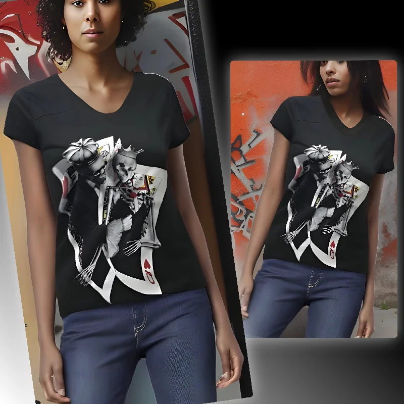 ^KING & QUEEN OF HEARTS^ (BLACK) WOMEN'S SHORT SLEEVE T-SHIRTS-- Solid Color Striped Floral ^KING & QUEEN OF HEARTS^ (BLACK) WOMEN'S SHORT SLEEVE T-SHIRTS-- Solid Color Striped Floral