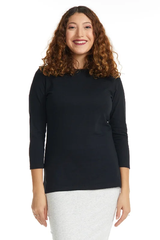 Black 3/4 Sleeve Relaxed Fit Crewneck T-Shirt for Women-- Graphic Embroidered Appliqued