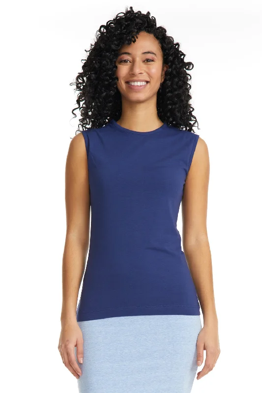Navy Blue Sleeveless Cotton Crewneck T-Shirt for Women-- Rayon Velvet Corduroy