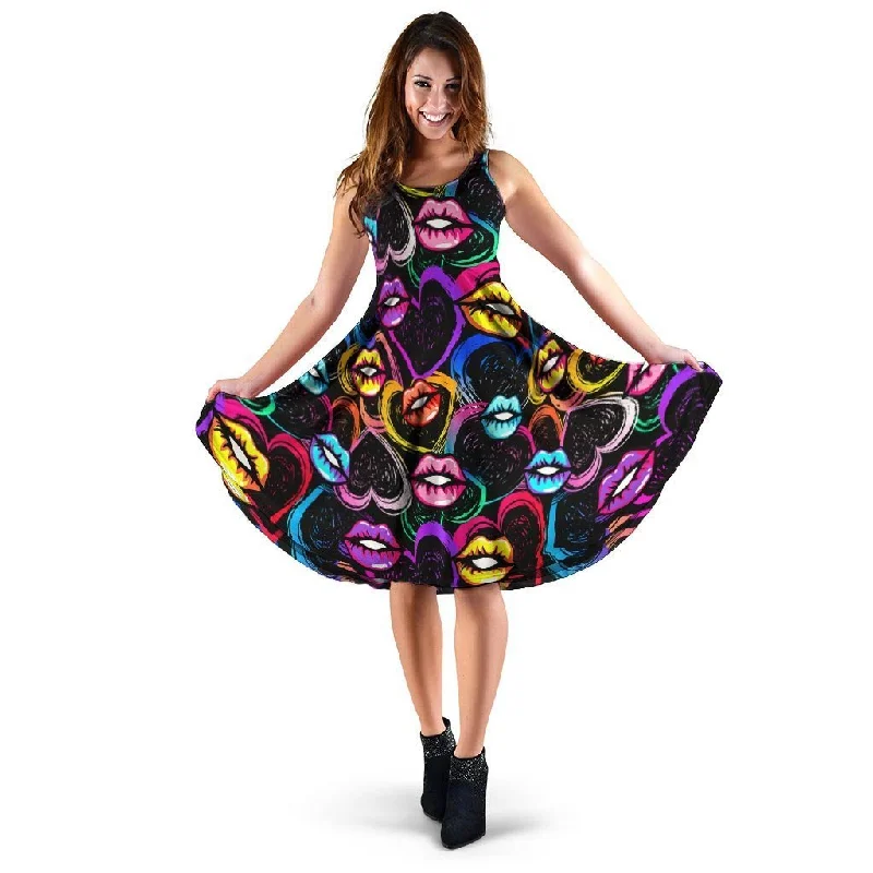 Abstract Lip Graffiti Print Dress Tunics Silk luxurious