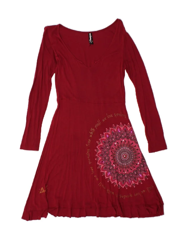 DESIGUAL Womens Graphic Long Sleeve A-Line Dress UK 14 Large Red Viscose Tunics Practical easy-care