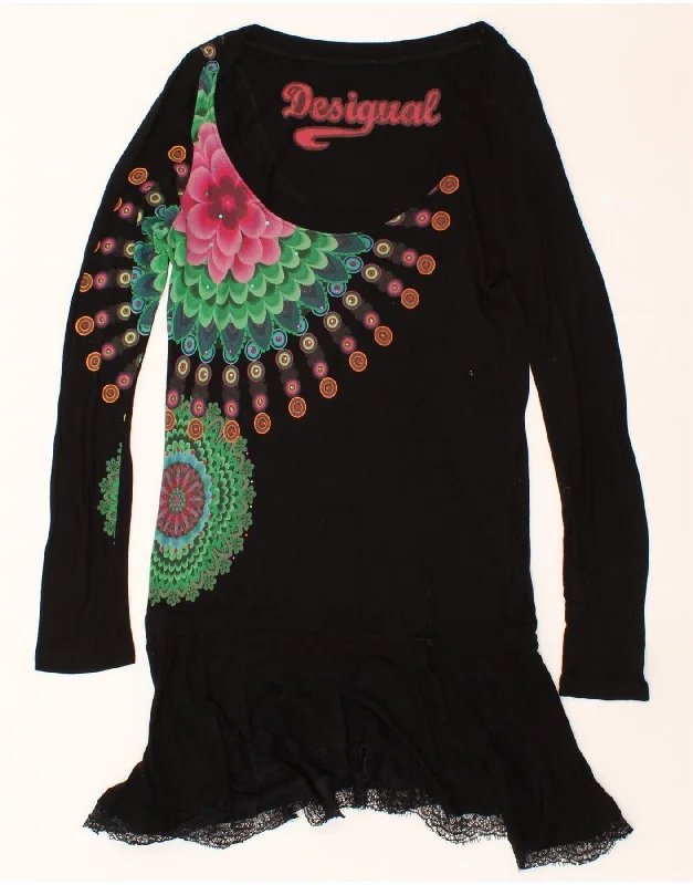 DESIGUAL Womens Graphic Long Sleeve Drop Waist Dress UK 12 Medium Black Tunics Print Colorful