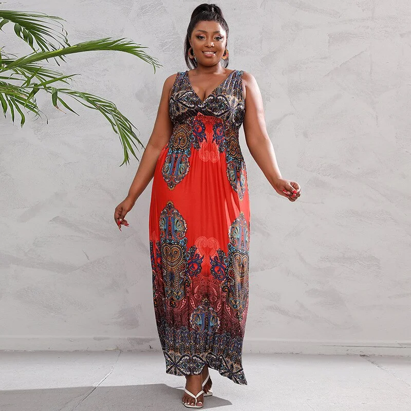 BerriesJam - V Neck Bohemian Long Large Size Beach Holiday Dress Square Neckline Feminine BerriesJam - V Neck Bohemian Long Large Size Beach Holiday Dress Square Neckline Feminine