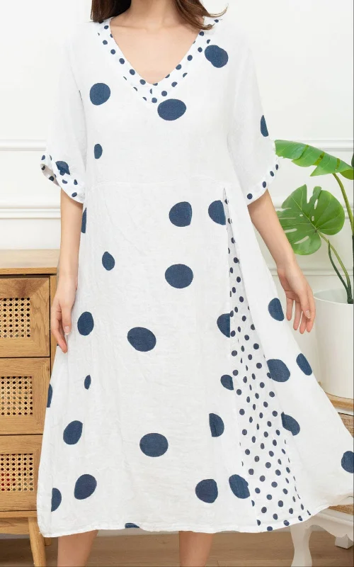 72271 Long Polka Dot Dress Linen with V-neck and Short Sleeves Tunics Top rated