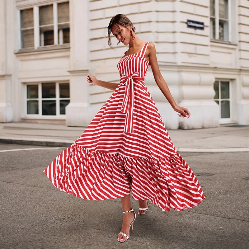 Striped Strapless Ruffles Long Dresses With Belt Tunics Business professional