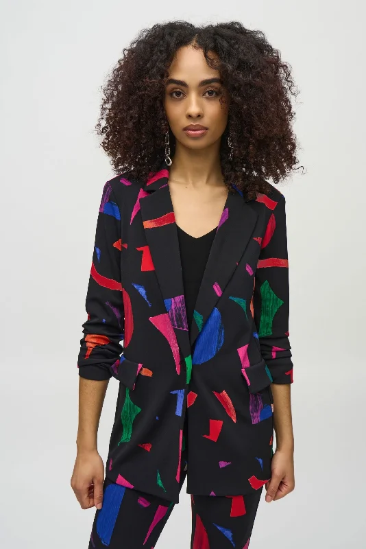 Joseph Ribkoff Black/Multi Abstract Print Blazer Jacket 244231 Zippered Front Buttoned Front Snap Front Joseph Ribkoff Black/Multi Abstract Print Blazer Jacket 244231 Zippered Front Buttoned Front Snap Front