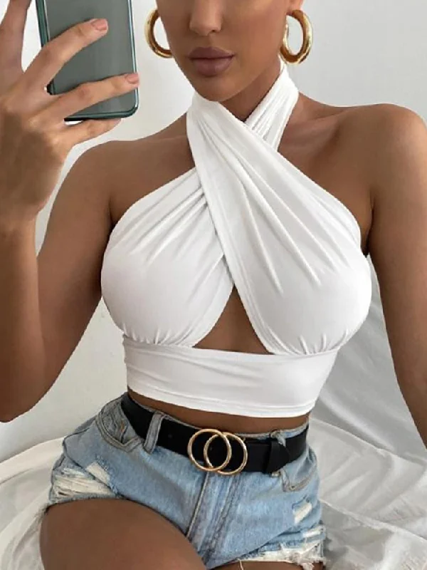 Women Summer Tank Tops Sexy Solid Color Cross Halter Neck Push Up Hollow Crop Tops High Street Wear New Fashion v-neck tank top