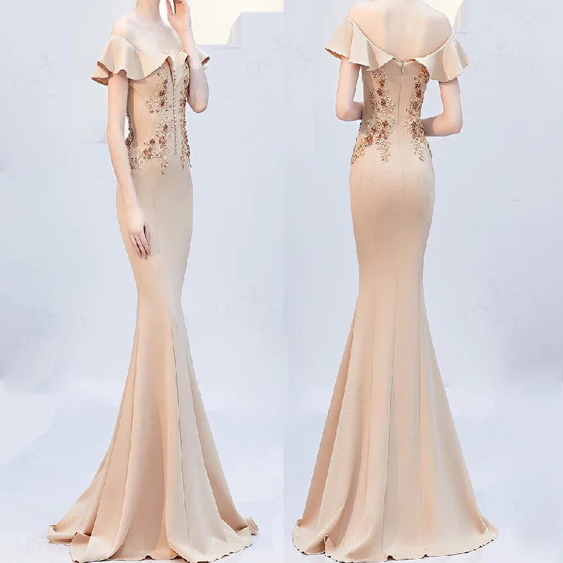 Evening wear Dresses: Off Shoulder Long Mermaid Party Dress Bead Appliques Tunics Lace romantic Evening wear Dresses: Off Shoulder Long Mermaid Party Dress Bead Appliques Tunics Lace romantic