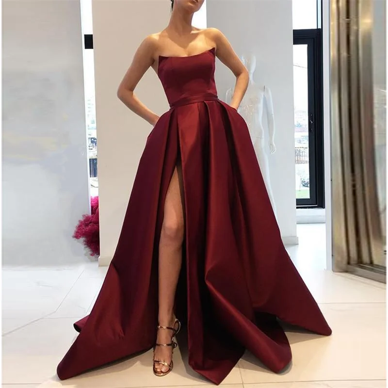 Evening wear Dresses: Strapless Corset High Split Simple Party Dresses Long Formal Tunics Solid Classic Evening wear Dresses: Strapless Corset High Split Simple Party Dresses Long Formal Tunics Solid Classic