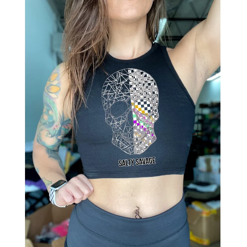 Salty Savage Ladies “Spliced Checkered Geo Skull” High Neck Sleeveless Crop Tank | Multi-Colored lavender tank top Salty Savage Ladies “Spliced Checkered Geo Skull” High Neck Sleeveless Crop Tank | Multi-Colored lavender tank top