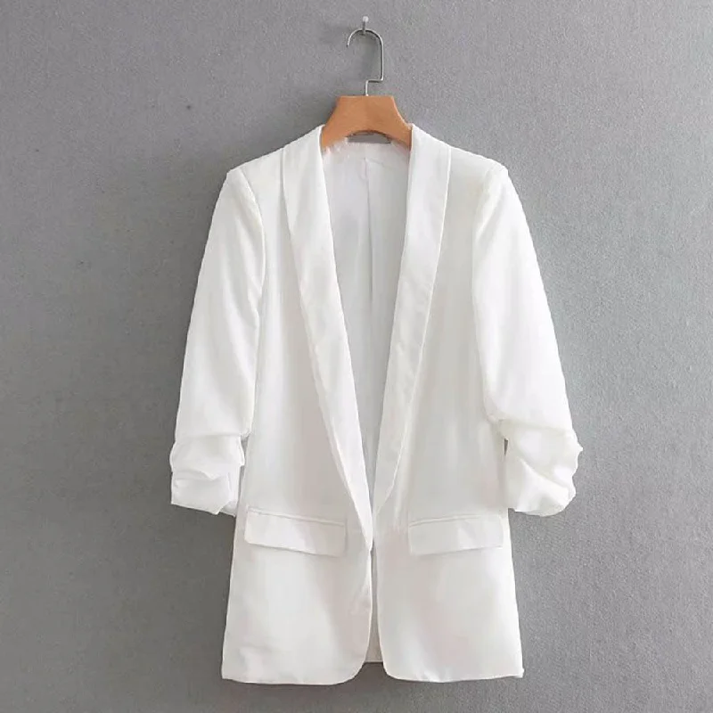 Chic Ruched Cuff Mid Long Blazer With Lining Woman Notched Collar Slim fit Suit Casual Jacket Coat Outerwear Tops 4 Colors Front Pockets Side Pockets Patch Pockets Chic Ruched Cuff Mid Long Blazer With Lining Woman Notched Collar Slim fit Suit Casual Jacket Coat Outerwear Tops 4 Colors Front Pockets Side Pockets Patch Pockets