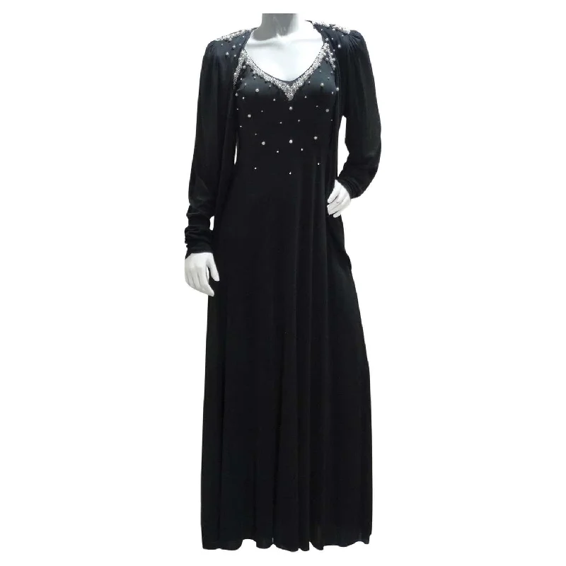1980s Black Pearl Beaded Maxi Dress and Cardigan Set Cardigan Knitwear Sweater