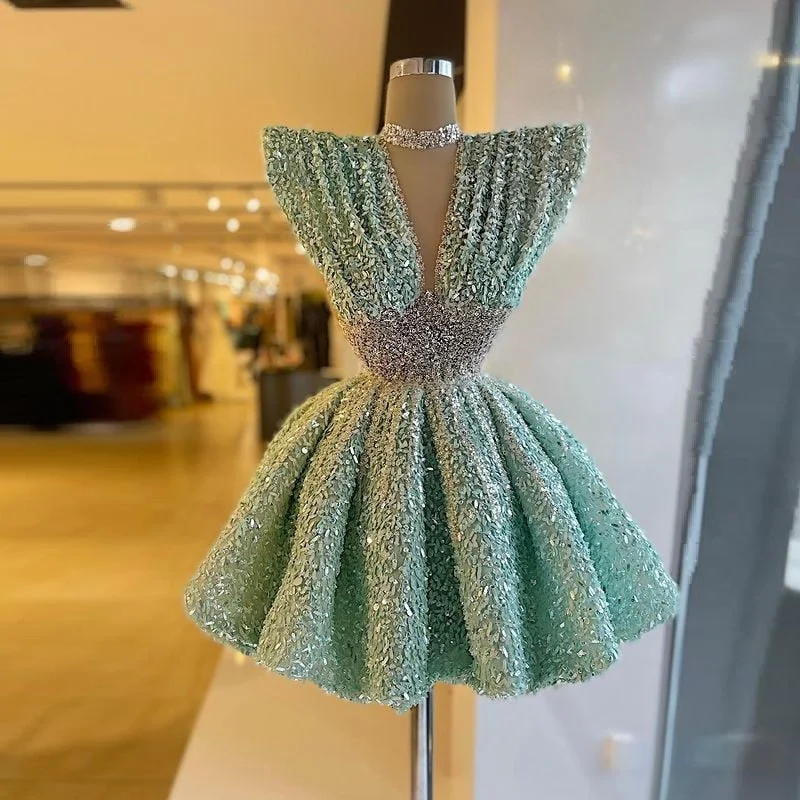 Evening wear Dresses: Party Dresses V Neck Sleeveless Sequins Sparkly Short Tunics Satin smooth Evening wear Dresses: Party Dresses V Neck Sleeveless Sequins Sparkly Short Tunics Satin smooth