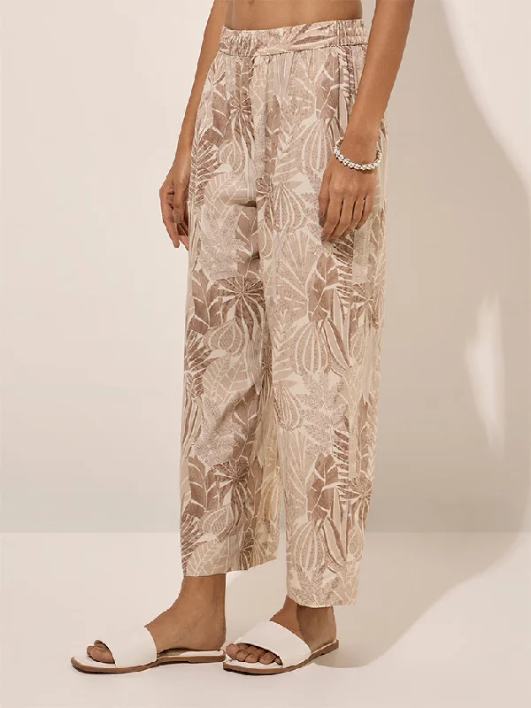 Utsa Taupe Tropical Printed Pants Modern Bootcut Pants