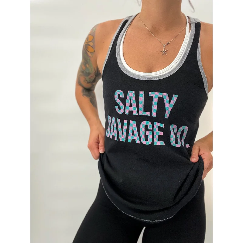 Salty Savage Ladies Pink Island Teal Checkerboard Logo Spliced Racerback Tank | Black/Gray bright tank top Salty Savage Ladies Pink Island Teal Checkerboard Logo Spliced Racerback Tank | Black/Gray bright tank top