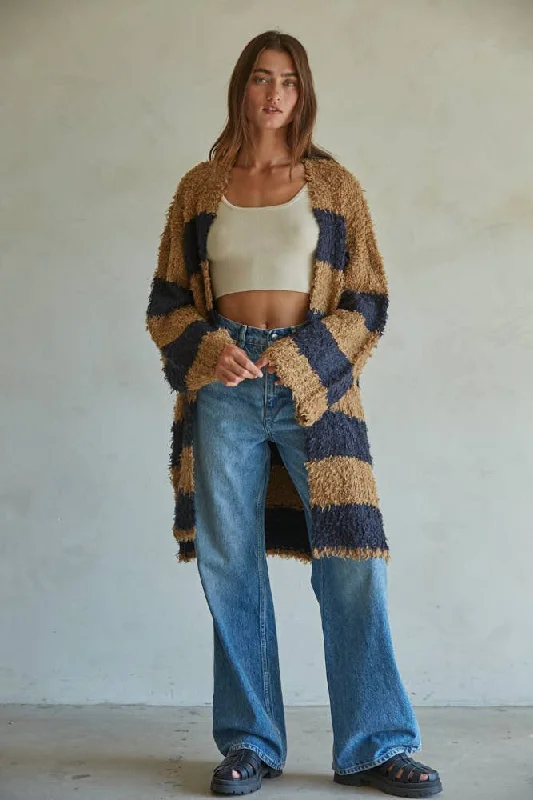 Striped Knit Cardigan Sweater Chenille Blend Fleece Blend Nylon Blend