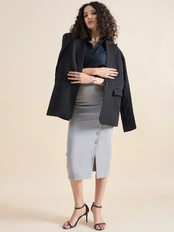 Straight Fit Stretch Longline Button Detail Grey Skirt lace skirt intricate