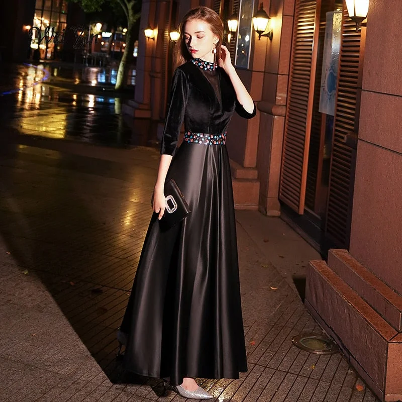 Evening wear Dresses: Black Evening Dress Long A-line Party Dress Crystal Half Tunics Floral girly Evening wear Dresses: Black Evening Dress Long A-line Party Dress Crystal Half Tunics Floral girly