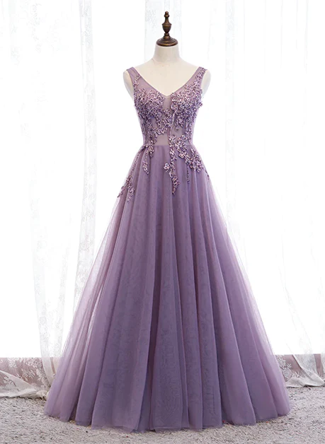 Elegant purple V-neck chiffon with lace and floor length party dress, purple A-shaped beaded sleeveless backless and floor length evening dress Tunics Running lightweight