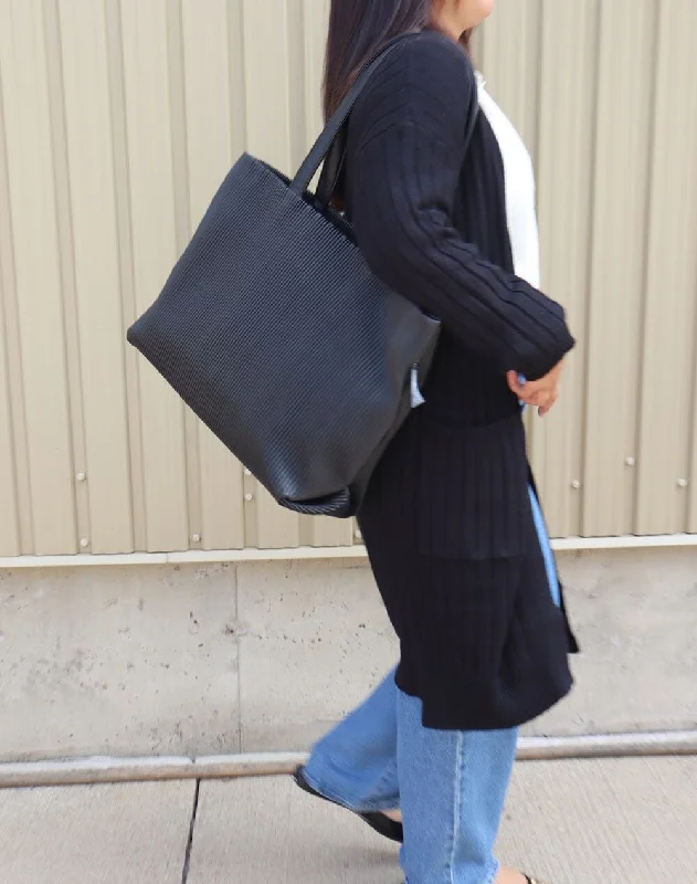 BLACK RIBBED MIDI CARDIGAN Nylon Fabric Polyester Fabric Spandex Fabric