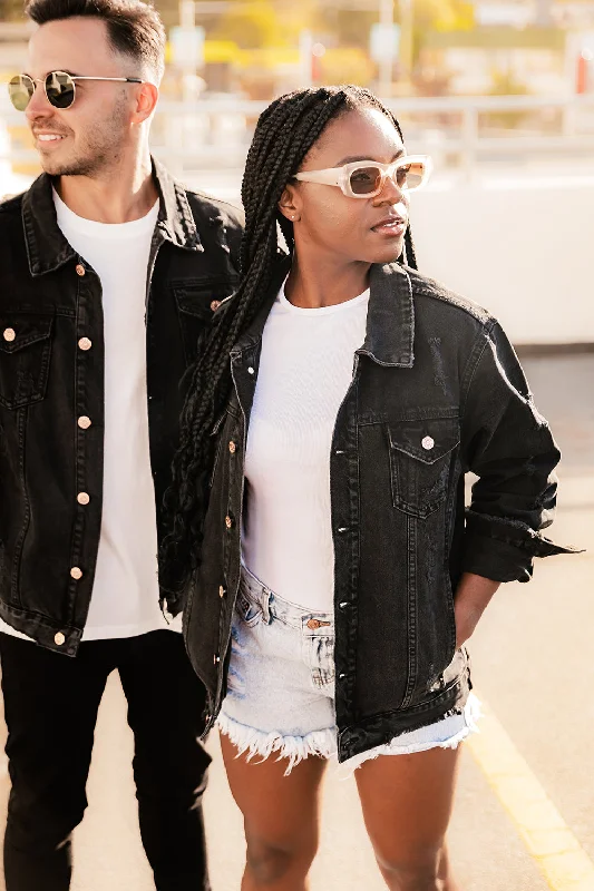Black Distressed Denim Jacket - Adults Snapped Jacket Toggled Jacket Drawstring Jacket Black Distressed Denim Jacket - Adults Snapped Jacket Toggled Jacket Drawstring Jacket