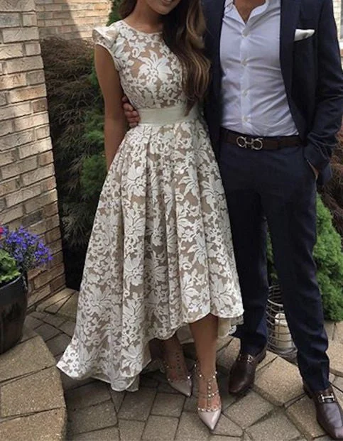 Prom Dress,White Lace Homecoming Dress,Lace Bridesmaid Dress,Cute Evening Dress,Formal Party Dress,Round Neck Lace Prom Dress,High Low Lace Prom Dress Tunics Luxurious high-end