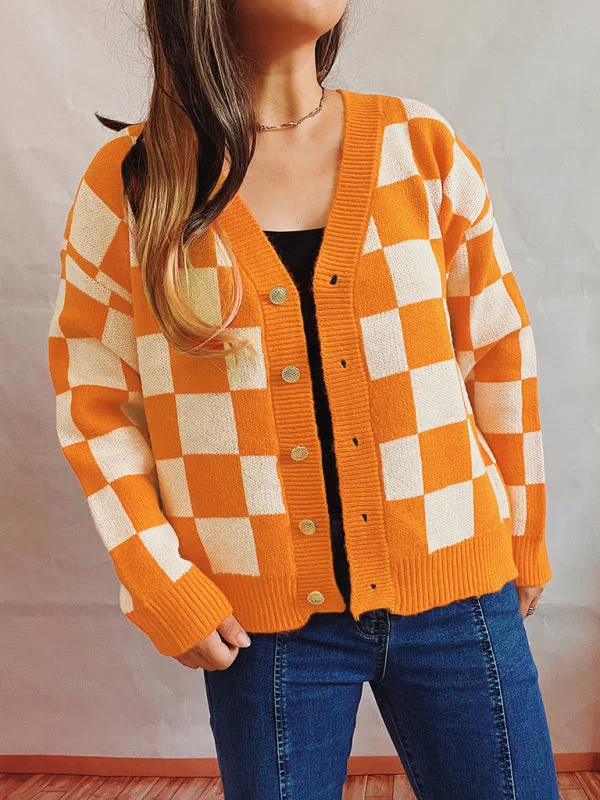 Checkerboard Contrast Single Breasted Drop Sleeve Sweater Cardigan Chenille Fabric Brocade Fabric Lace Fabric Checkerboard Contrast Single Breasted Drop Sleeve Sweater Cardigan Chenille Fabric Brocade Fabric Lace Fabric