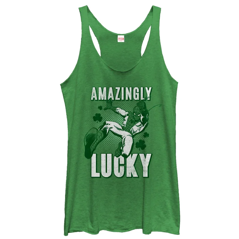Women's Marvel St. Patrick's Day Spider-Man Amazingly Lucky Racerback Tank Top stylish tank top Women's Marvel St. Patrick's Day Spider-Man Amazingly Lucky Racerback Tank Top stylish tank top