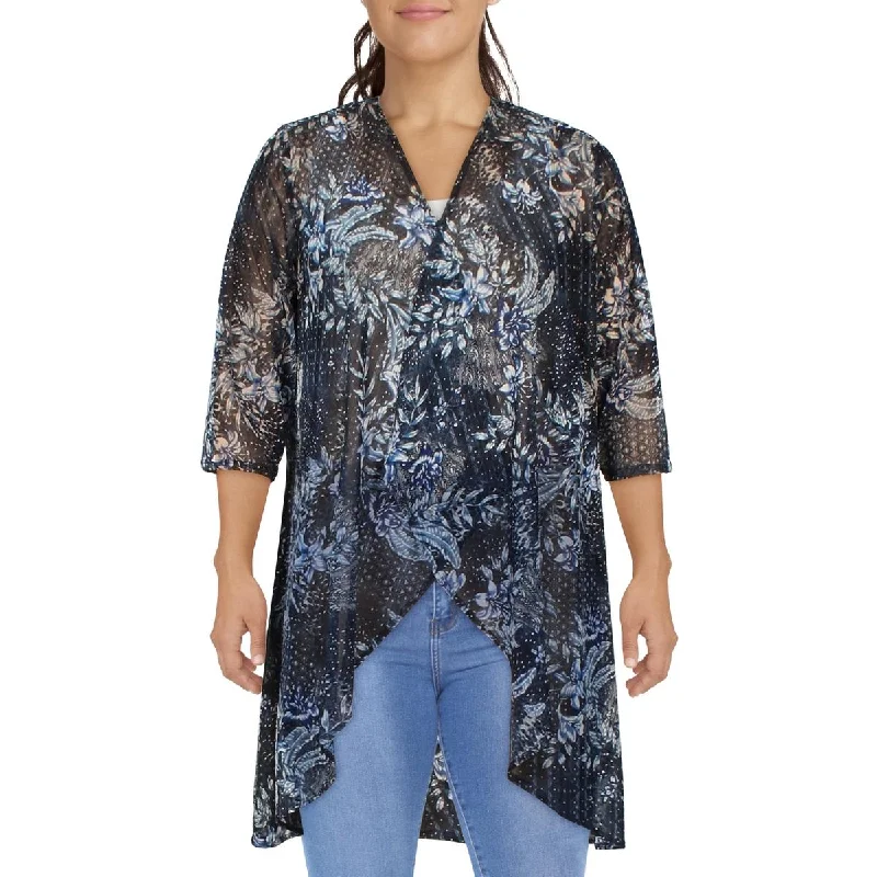 R&M Richards Womens Printed Cardigan Open-Front Blazer Tailored Straight A-Line