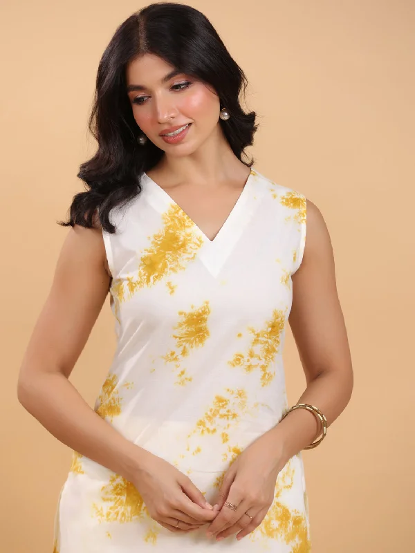 Cream Pure Cotton Tie & Dye Straight Kurta Pant Set High-Waist Trousers