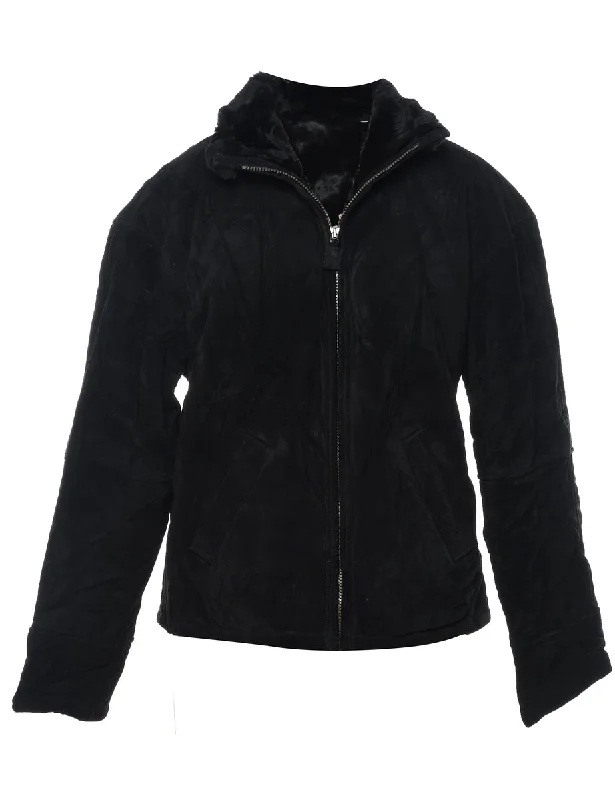 Black Shearling Lined Zip-Front Suede Jacket - M Wool Jacket Cashmere Jacket Tweed Jacket