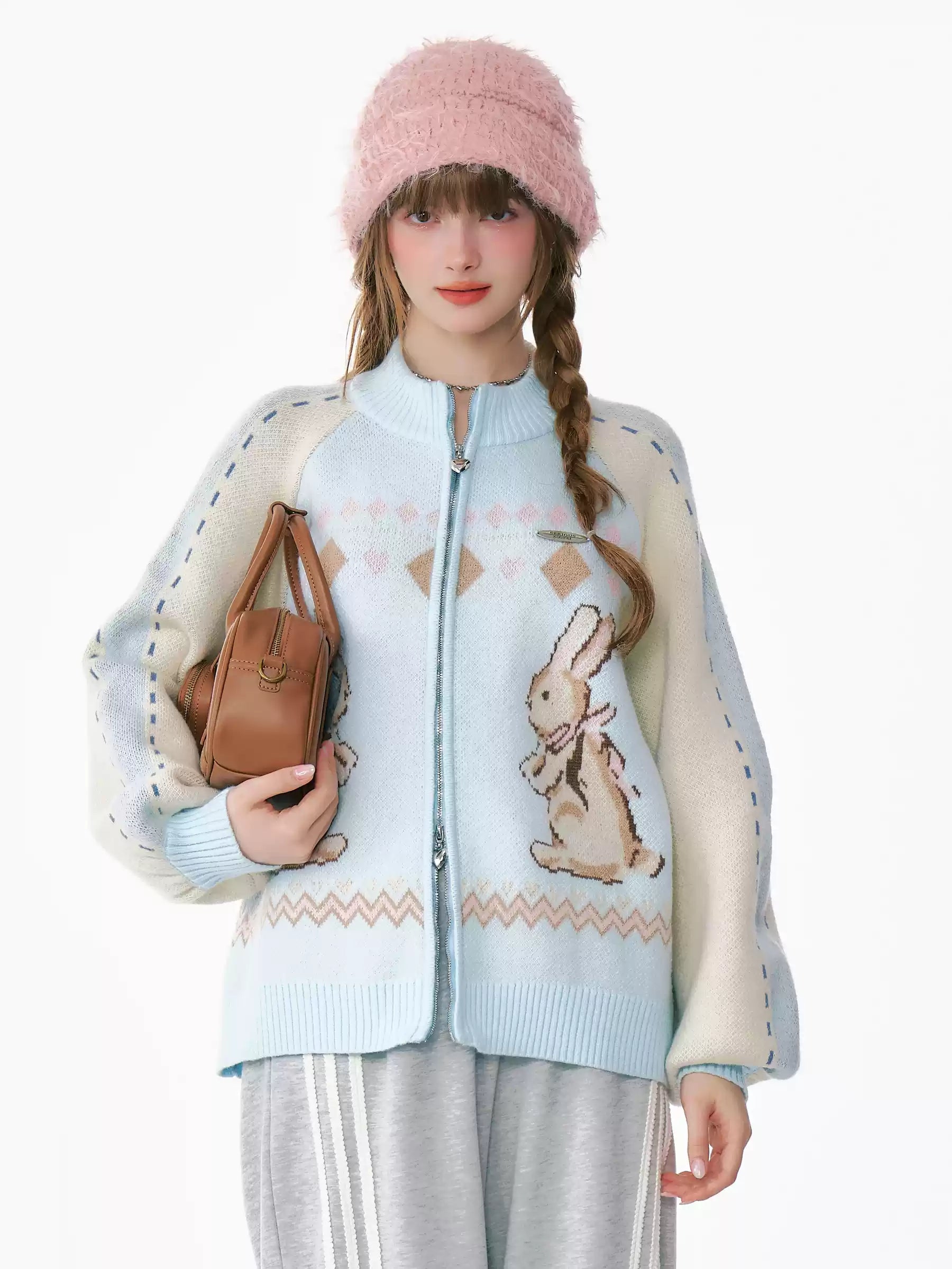 Retro Stitching Rabbit Sweater Cardigan ZIZ0213 Fleece Cardigan Nylon Polyester