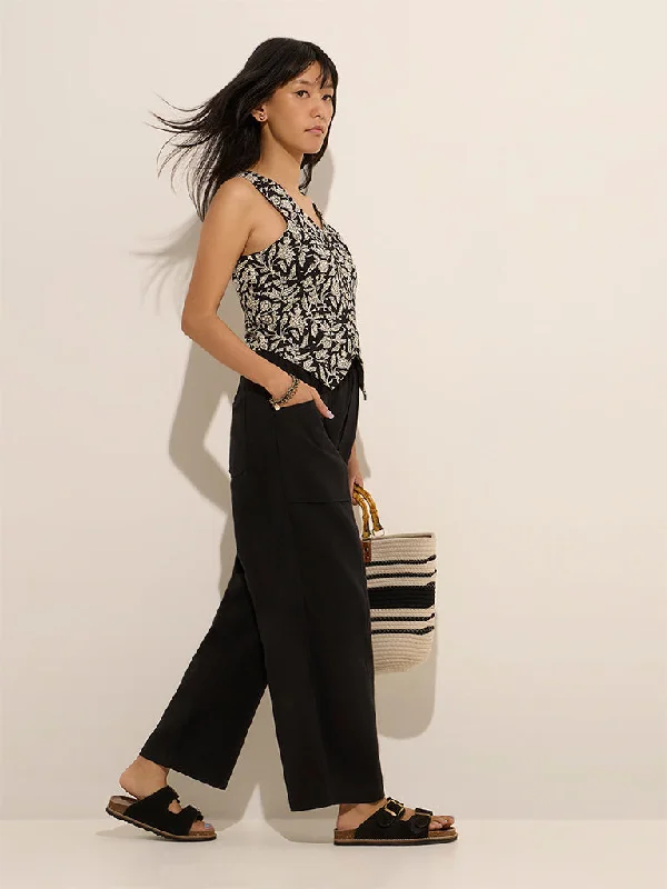 Bombay Paisley Black High-Rise Cotton-Blend Pants Relaxed Linen Pants