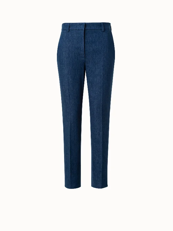 Tapered Pants in Cotton Denim Stretch Casual Plaid Pants