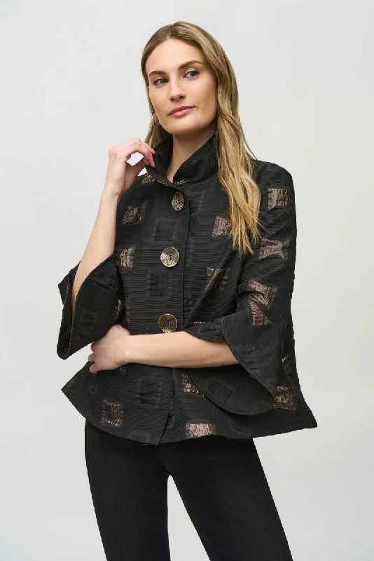 Joseph Ribkoff Black/Gold Geometric Print Trapeze Jacket 244205 A-Line Jacket Boat Neck Shawl Collar Joseph Ribkoff Black/Gold Geometric Print Trapeze Jacket 244205 A-Line Jacket Boat Neck Shawl Collar