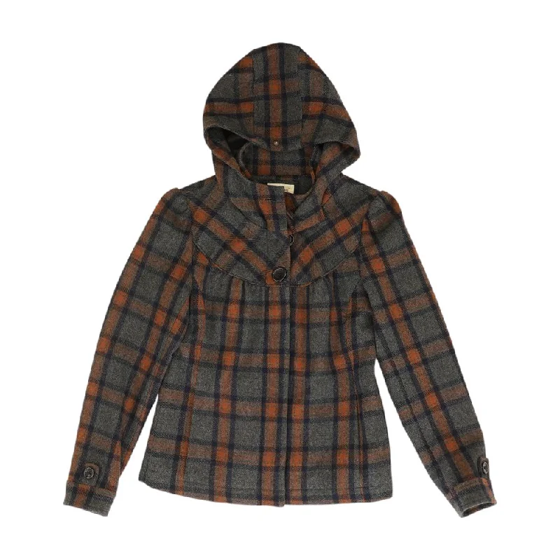 Gray Plaid Lightweight Jacket Notch Collar Peter Pan Collar Cowl Neck