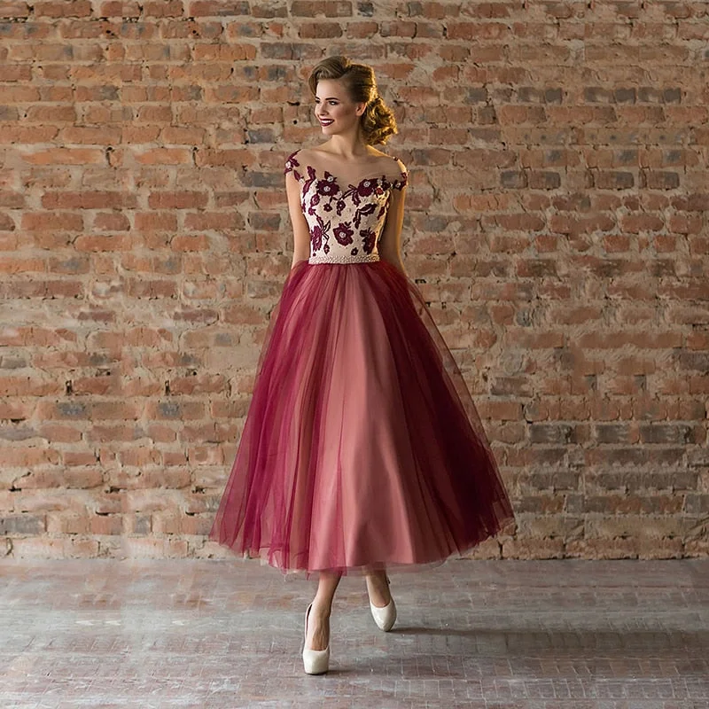 Evening wear Dresses: Prom Party Dresses Tea Length Cap Sleeves Illusion Crew Neckline Sporty Evening wear Dresses: Prom Party Dresses Tea Length Cap Sleeves Illusion Crew Neckline Sporty