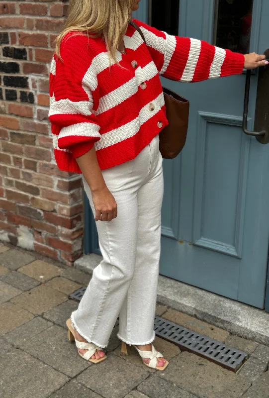 EFFORTLESS RED STRIPE CARDIGAN Asymmetrical,ymmetric Pencil Cardigan