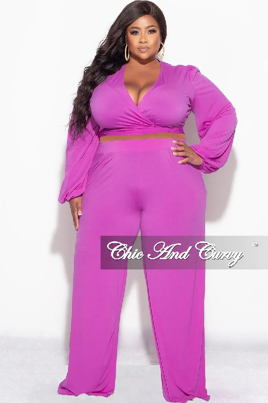 Final Sale Plus Size 2pc Tie Top & Pants in Light Purple Cozy Full-Length Pants