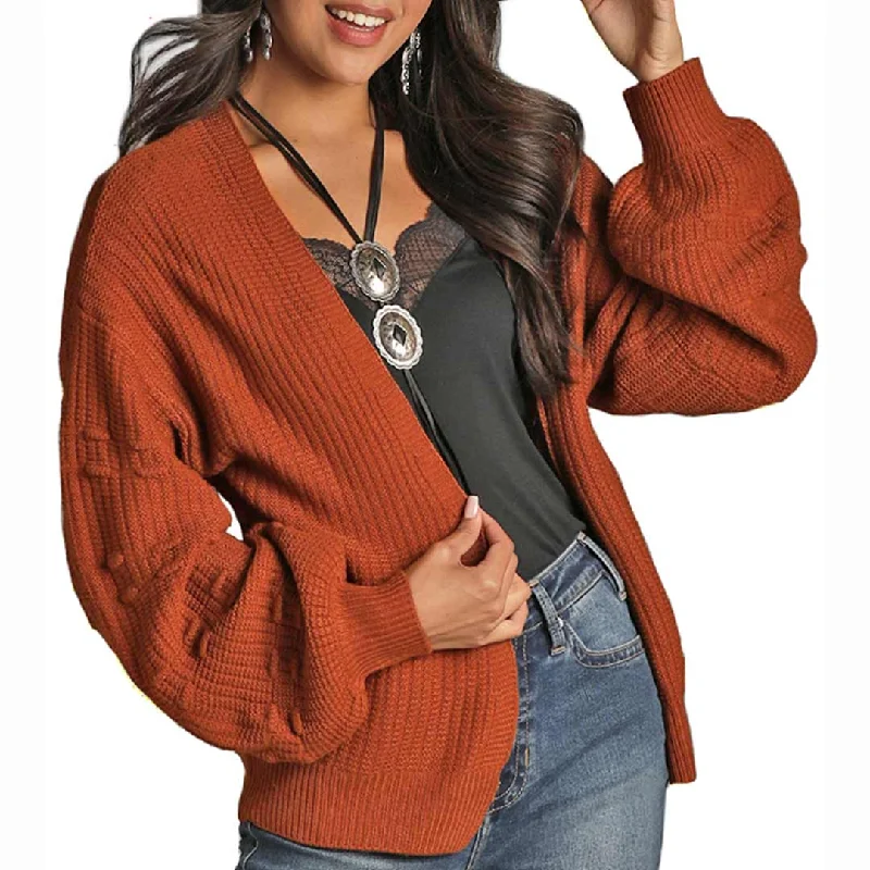 Rock & Roll Cowgirl Women's Puff Sleeve Cardigan Denim Fabric Leather Fabric Suede Fabric Rock & Roll Cowgirl Women's Puff Sleeve Cardigan Denim Fabric Leather Fabric Suede Fabric