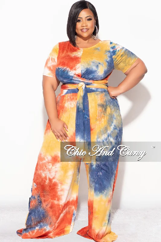 Final Sale Plus Size 2pc Short Sleeve Tie Top and Pants Set in Rust Navy and Mustard Tie Dye Print Lightweight Linen Pants
