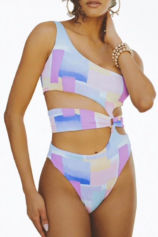 Gaia Retro Ribbed Cutout One-Piece Swimsuit In Pastel Shapes Elegant Halter Bikini