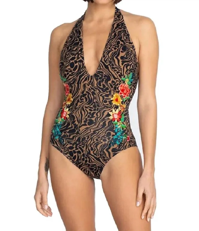Halter Embroidered Onepiece Swimsuit In Multi Comfortable Swim Shorts